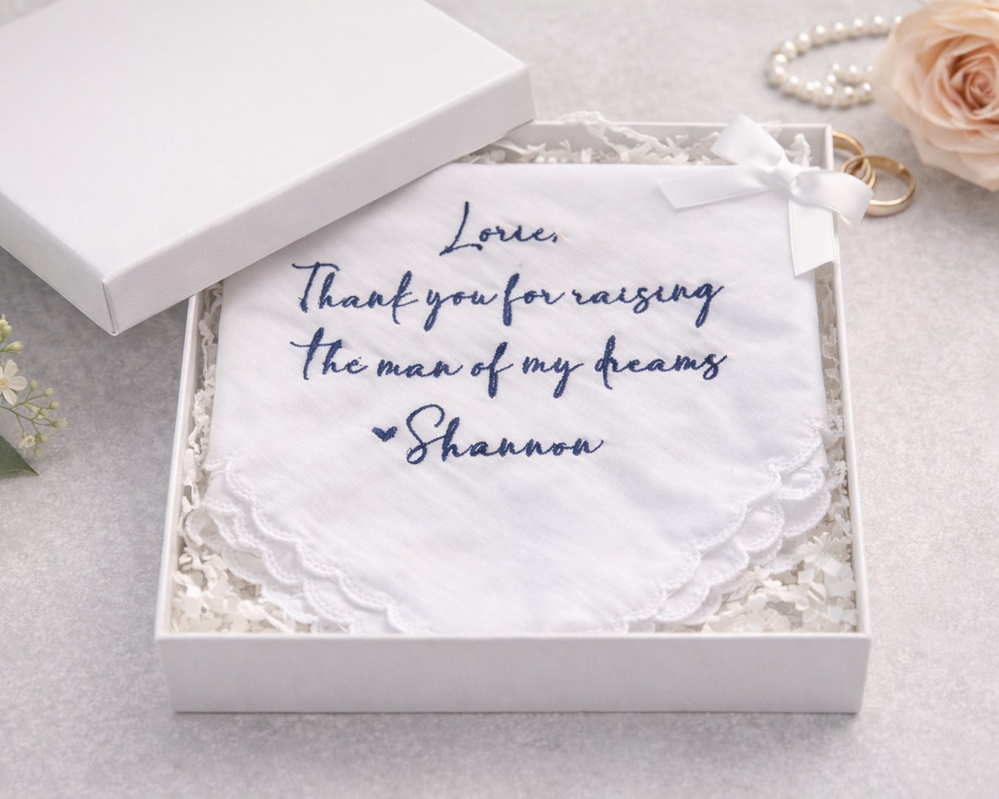 Handkerchief with personalized message in a box on a light background