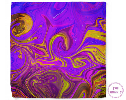 Colorful swirl patterned hankie with 'The Hankie' branding.