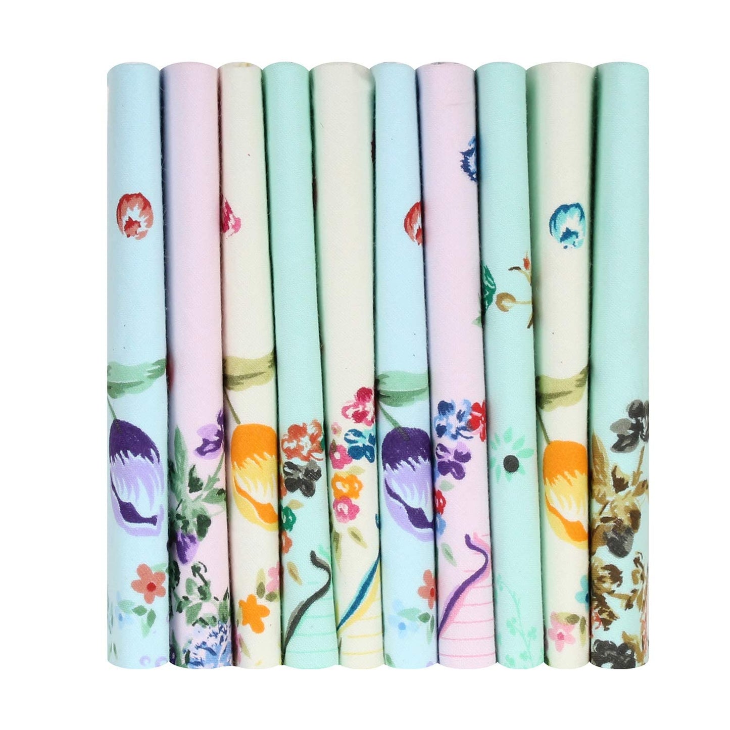 Set of colorful fabric rolls with floral patterns on a white background
