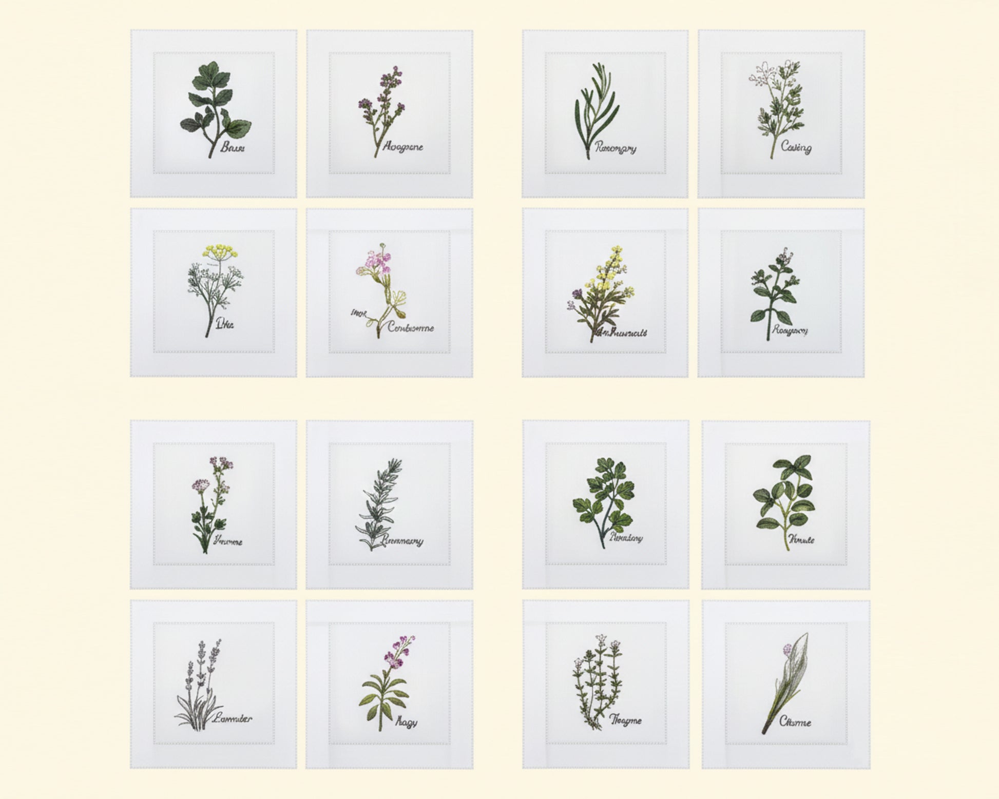 Illustrations of various herbs with labels on a light beige background