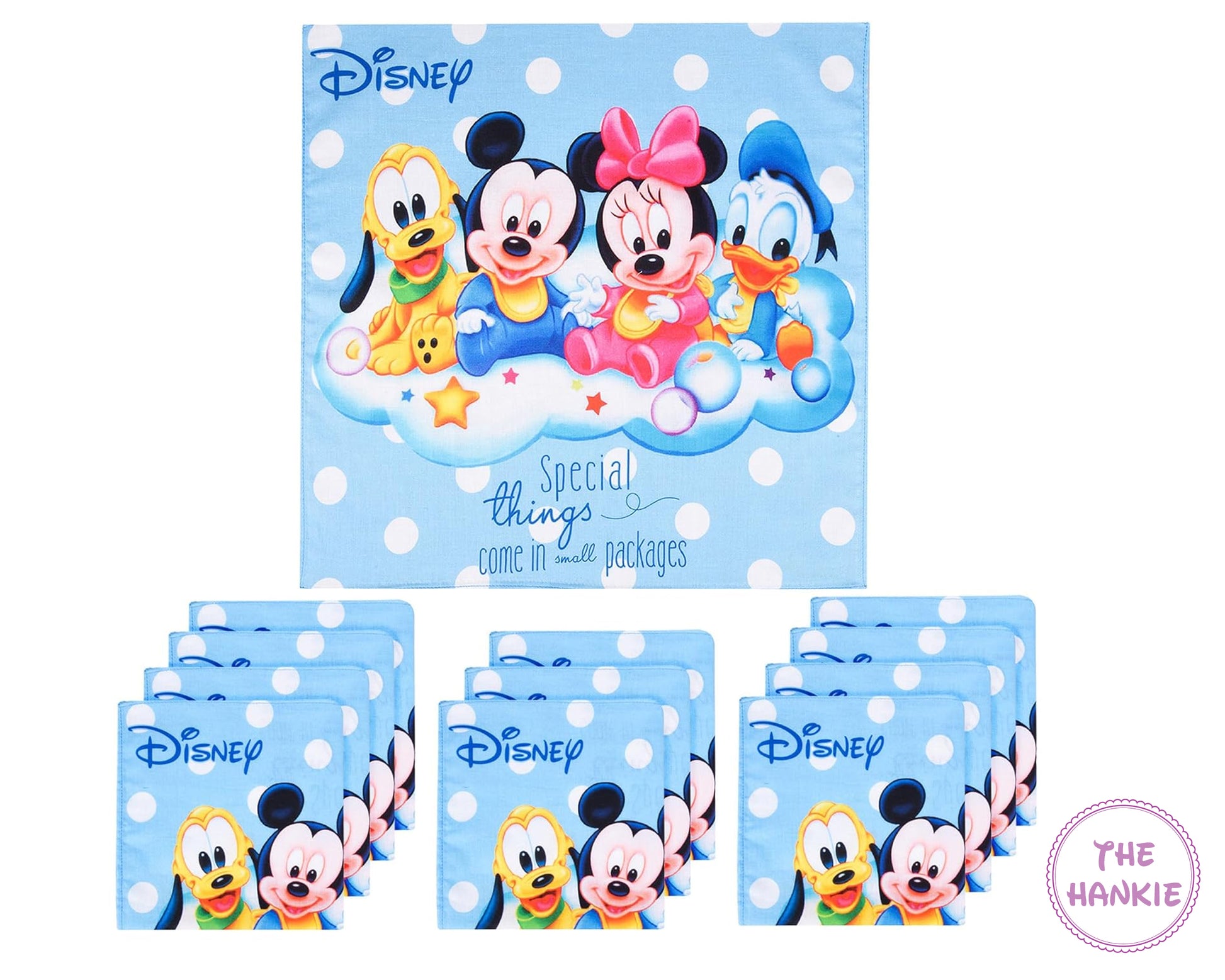Set of Disney-themed hankies with cartoon characters on a blue background