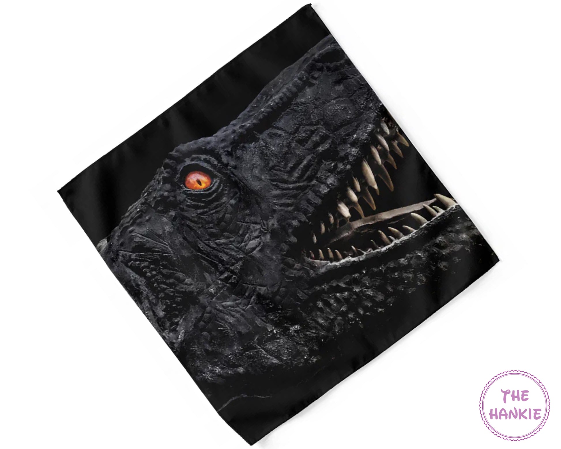 Black bandana with a dinosaur design on a white background