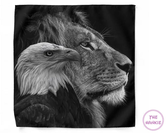 Hanky with a lion and bald eagle design on a black background