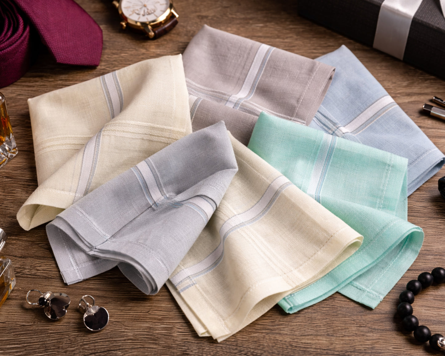 Set of folded handkerchiefs in various colors on a wooden surface with accessories.