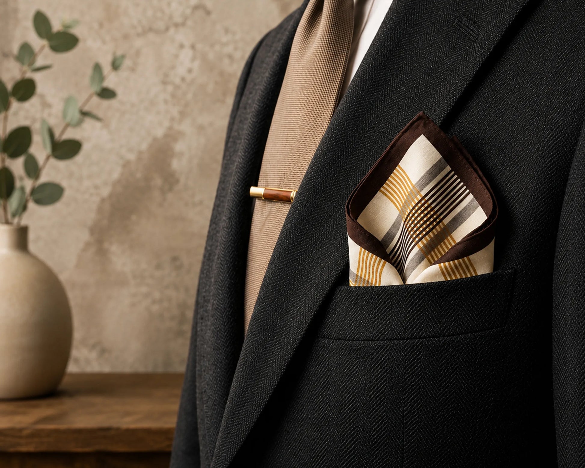 Man wearing a black suit with a patterned pocket square and brown tie, standing against a neutral wall.