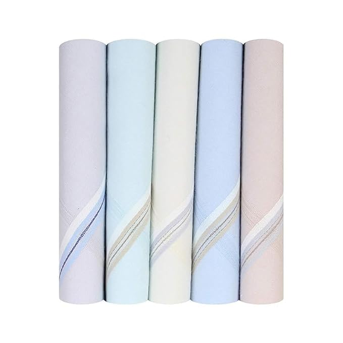 Rolled pastel-colored men's cotton handkerchiefs with elegant border stripes – pack of 5