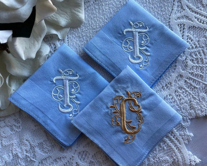 Custom Blue Monogrammmed Handkerchiefs Initial Embroidered Handkerchief