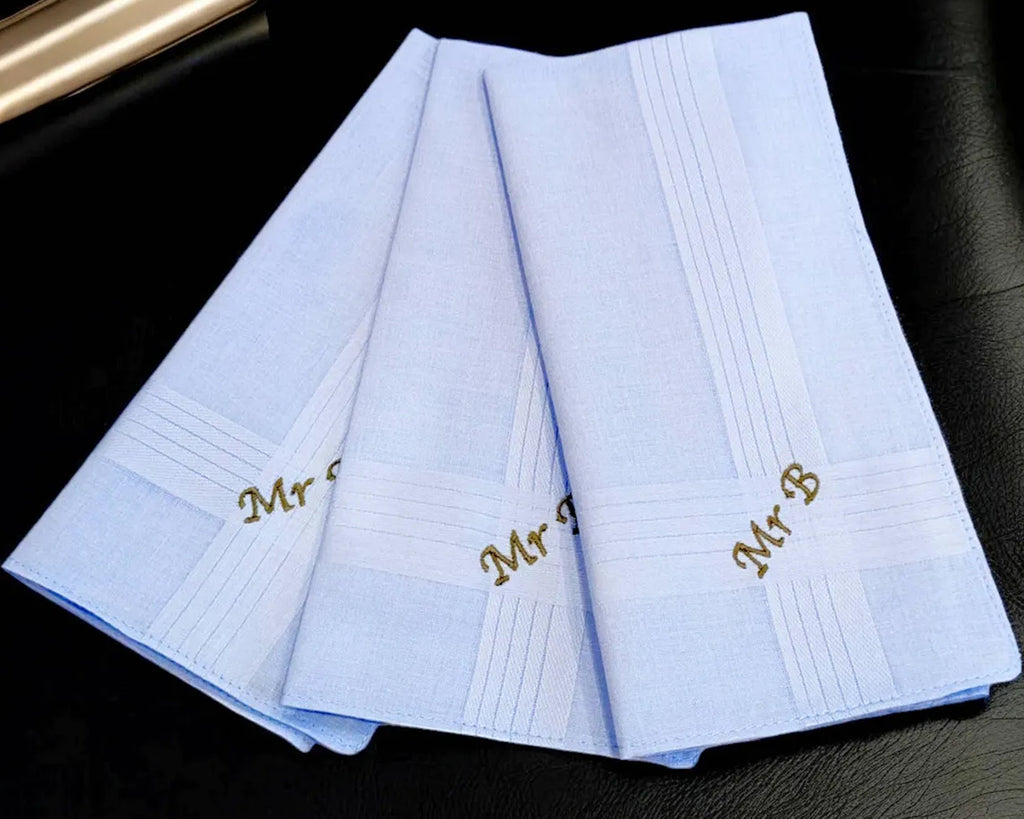 Monogrammed Linen Pocket Square Initials Hankie Linen Embroidered Pocket Square Blue Handkerchief