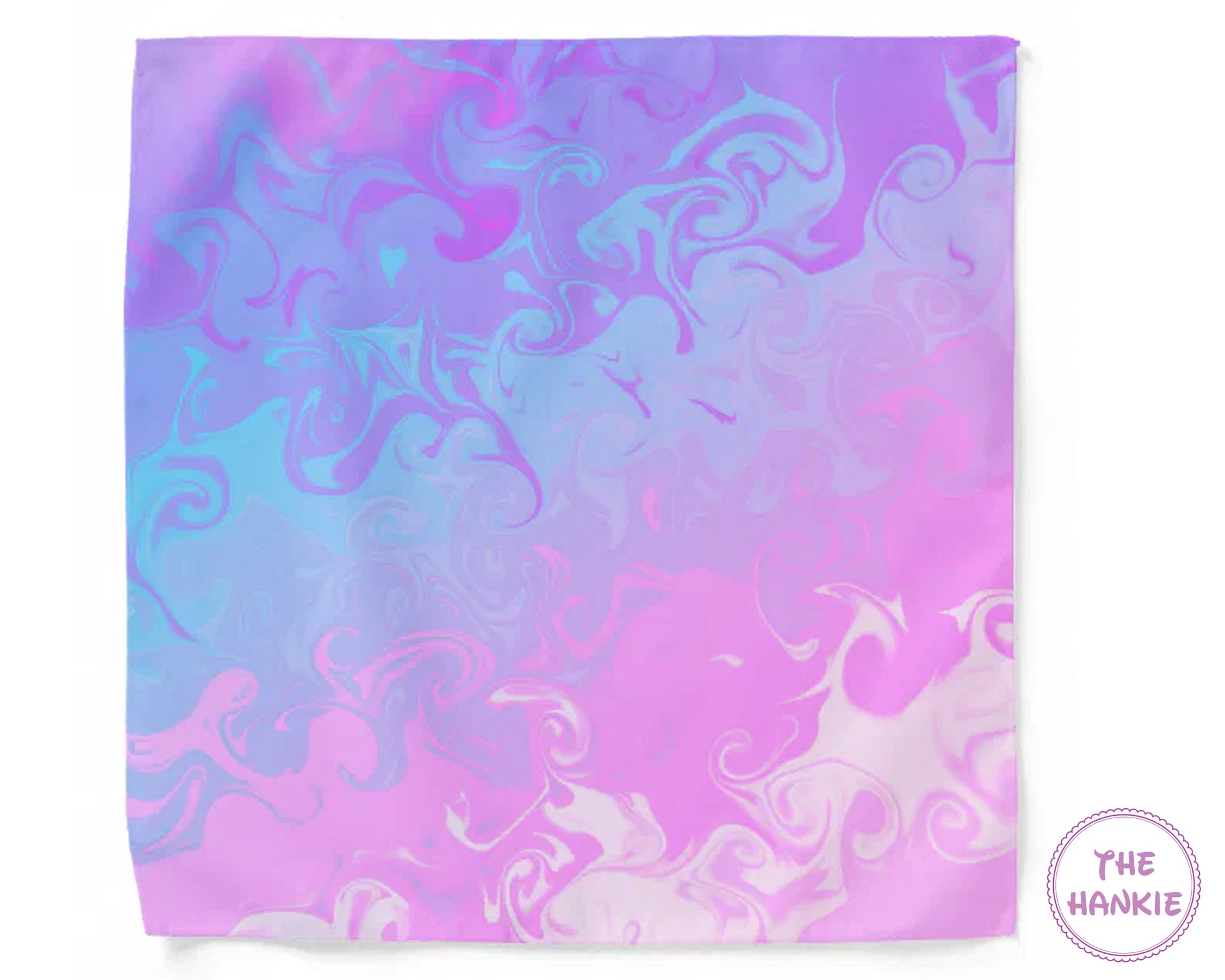 Collection of colorful hankies with labels on a textured surface