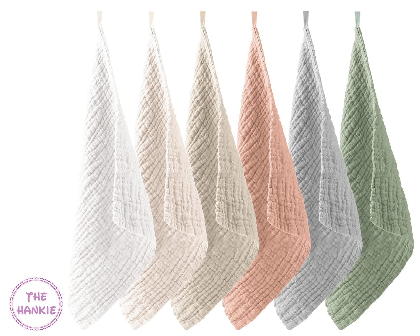 Set of five textured hankies in pastel colors hanging against a white background.