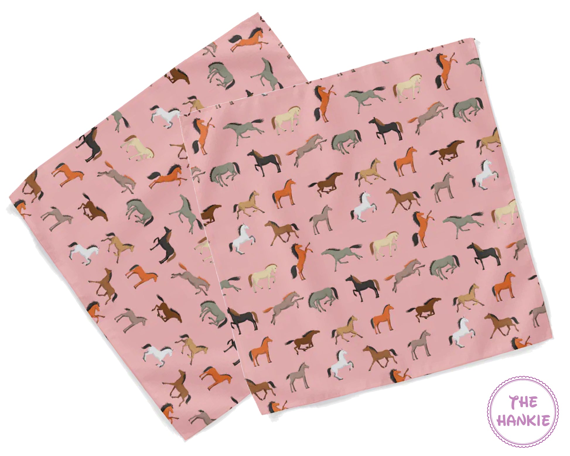 Two pink hankies with horse pattern on a white background
