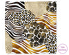 Multicolored patterned hankie with leopard, zebra, and stone designs on a white background.