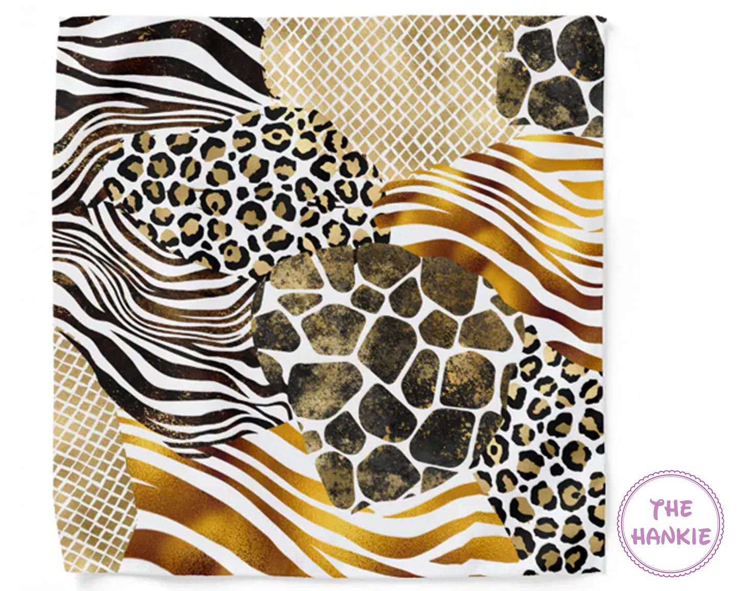 Multicolored patterned hankie with leopard, zebra, and stone designs on a white background.