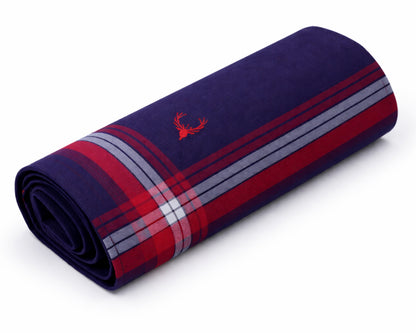 Roll of plaid fabric with a red deer emblem on a white background