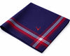 Folded blue and red fabric with a small logo on a white background