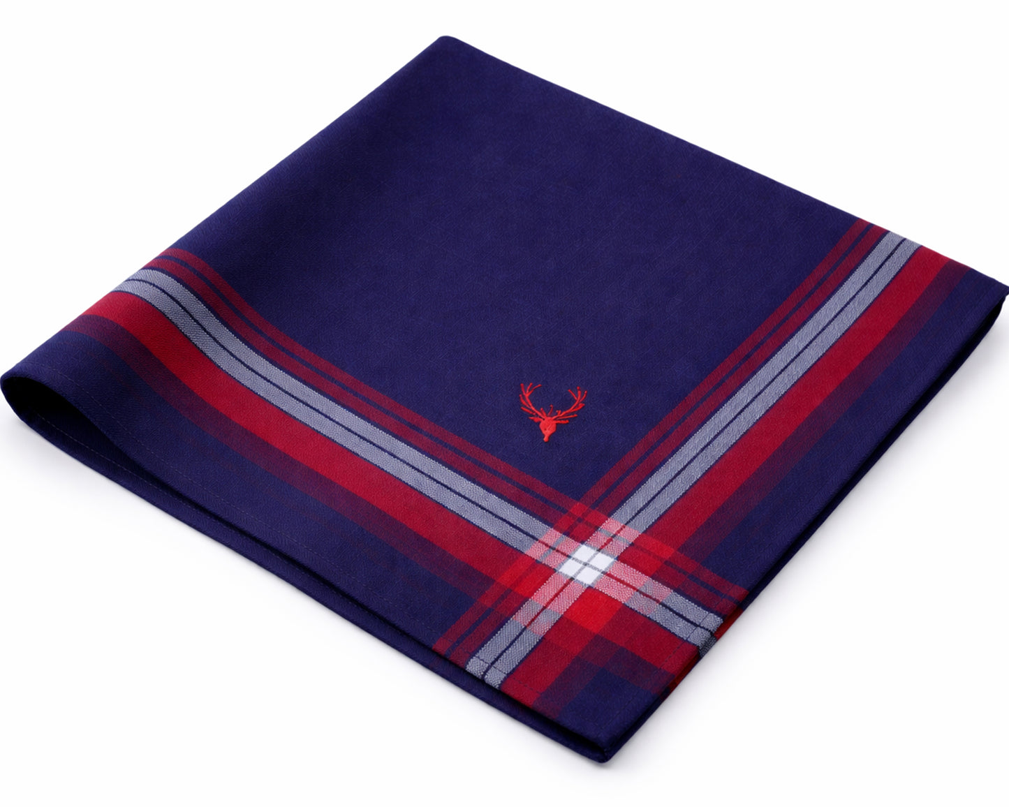 Folded blue and red fabric with a small logo on a white background