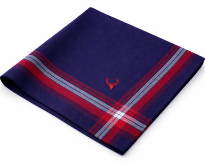 Folded blue and red fabric with a small logo on a white background