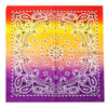 Colorful bandana with a paisley pattern transitioning from yellow to purple. Classic Paisley Bandana Scarf