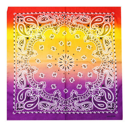 Colorful bandana with a paisley pattern transitioning from yellow to purple. Classic Paisley Bandana Scarf