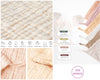 Textured fabric product with size, material, color, and weight information displayed.