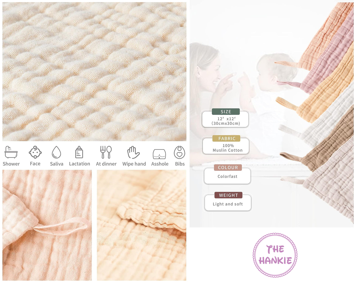 Textured fabric product with size, material, color, and weight information displayed.