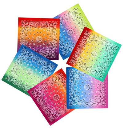 Set of colorful bandanas with patterned designs on a white background Paisley Ombre Bandana – Cotton Wrap
