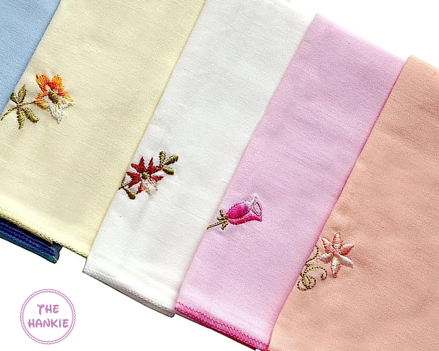 Set of handkerchiefs with floral embroidery in various colors.