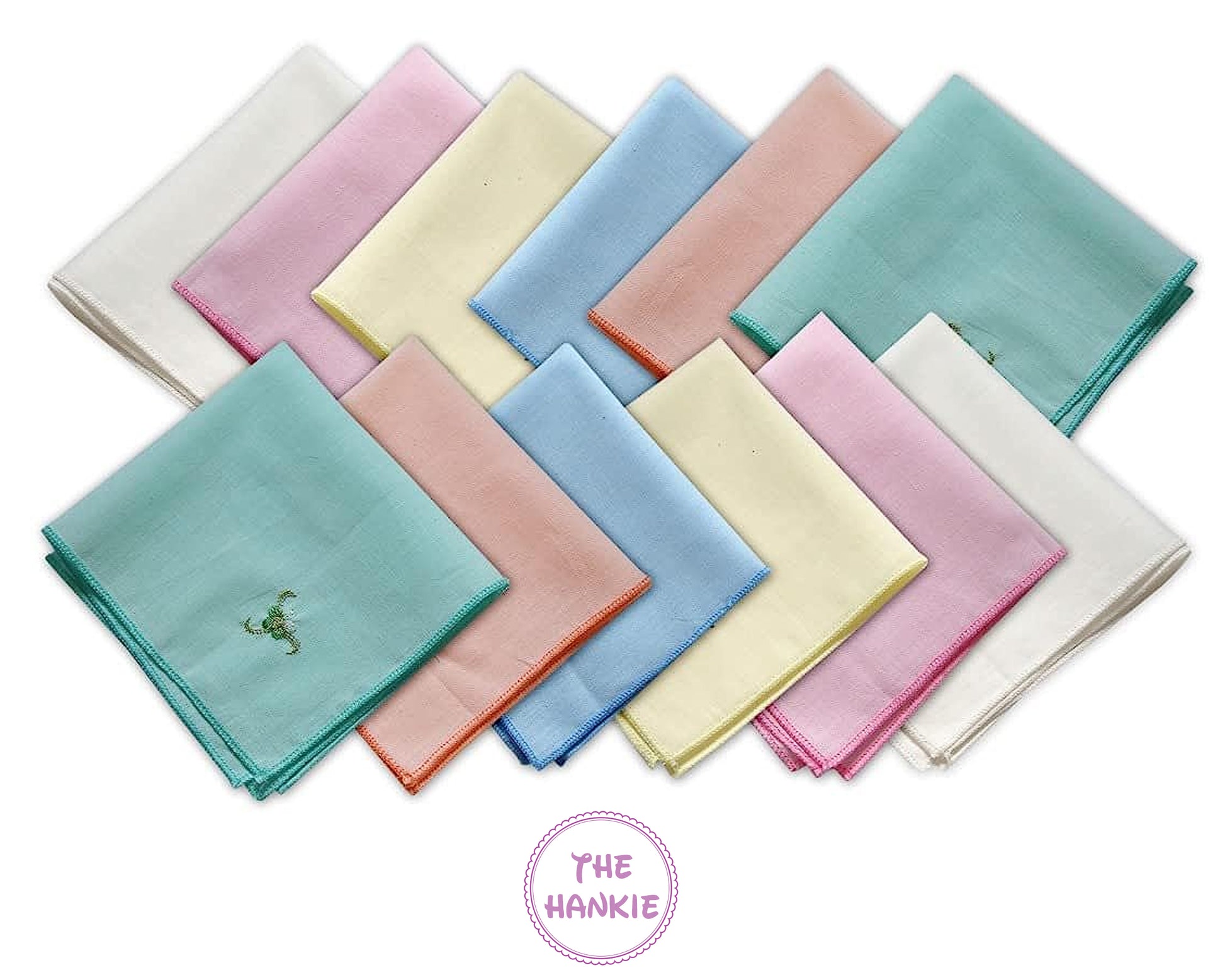 Collection of pastel-colored hankies arranged in a grid  with 'The Hankie' brand logo.