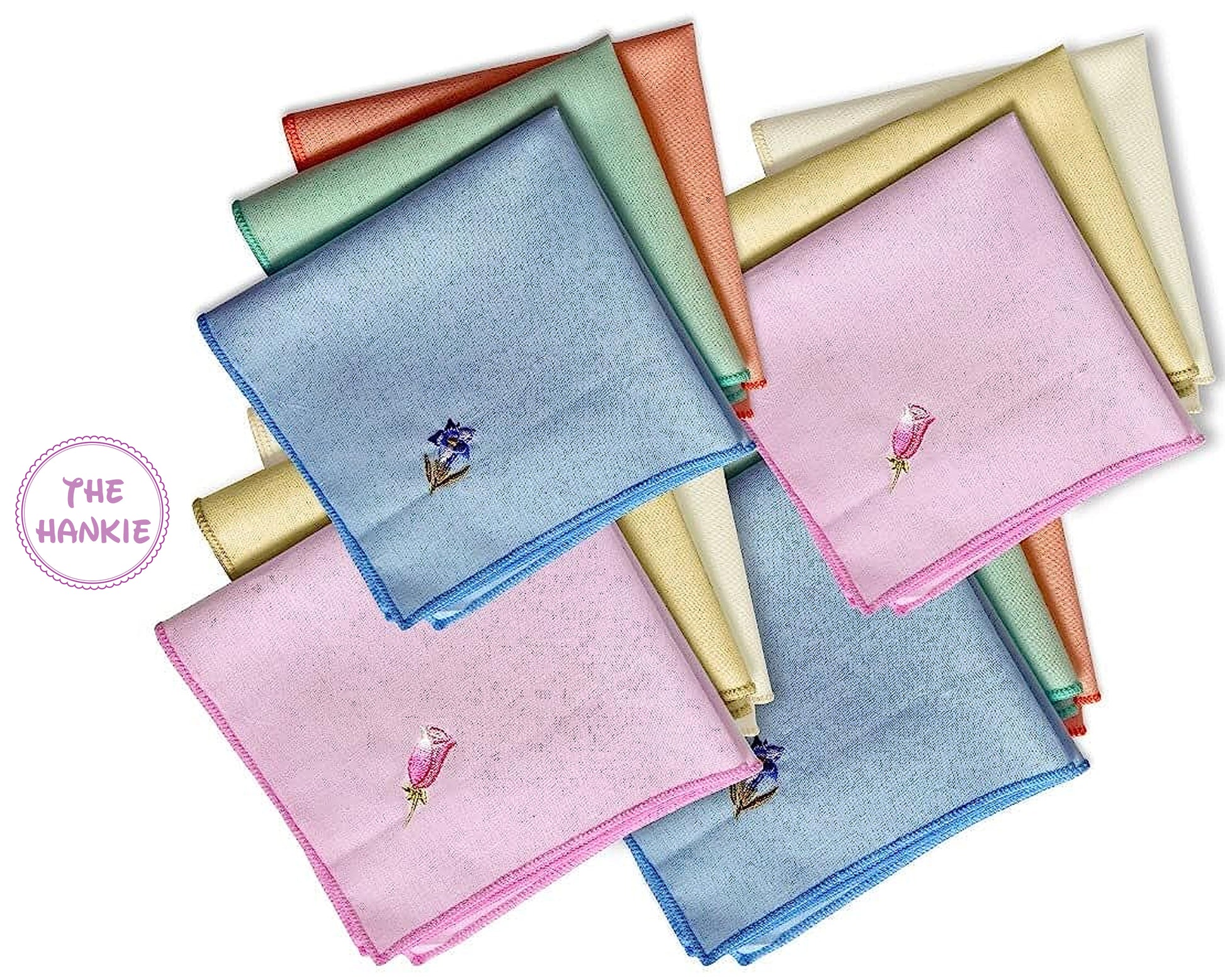 Collection of colorful hankies with floral embroidery branded 'The Hankie'.
