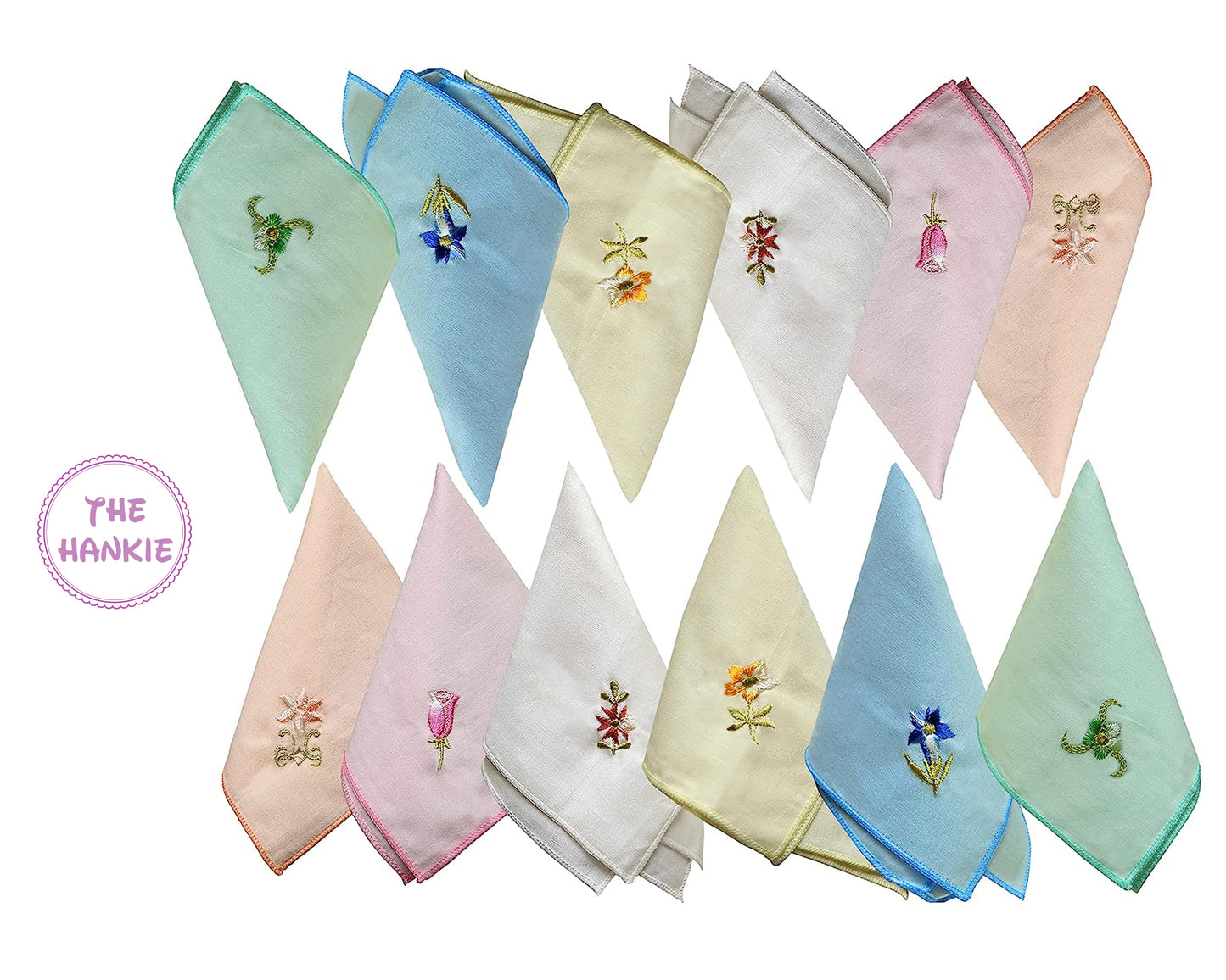 Set of embroidered handkerchiefs in various colors with floral designs on a white background.