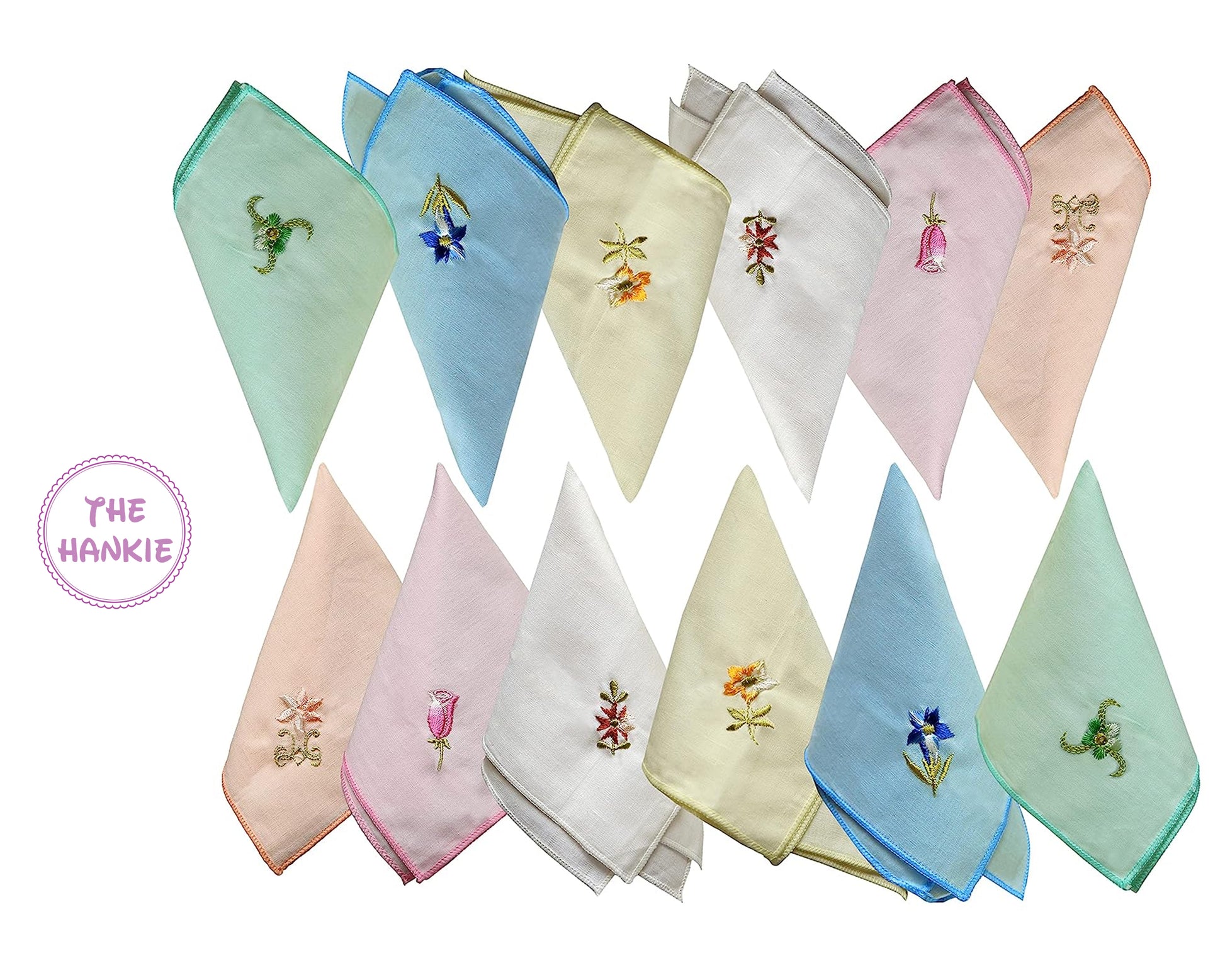 Set of embroidered handkerchiefs in various colors with floral designs on a white background.
