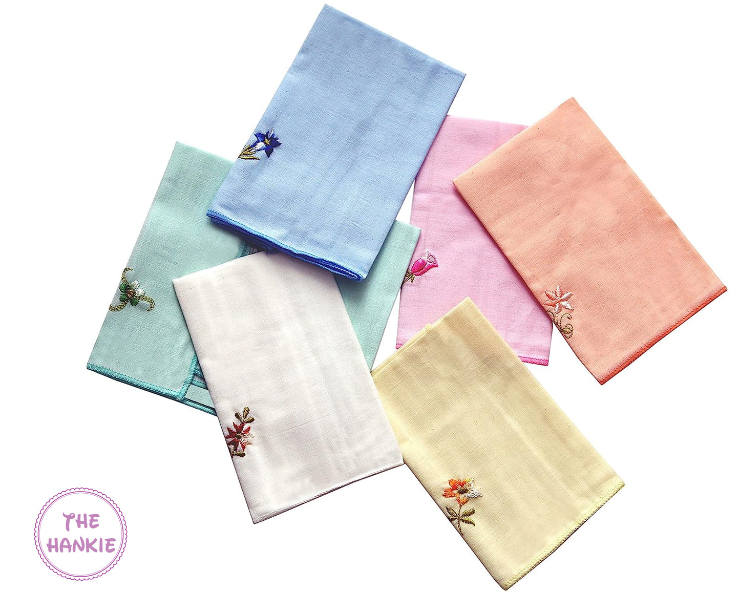 Set of six embroidered cotton handkerchiefs in various colors 