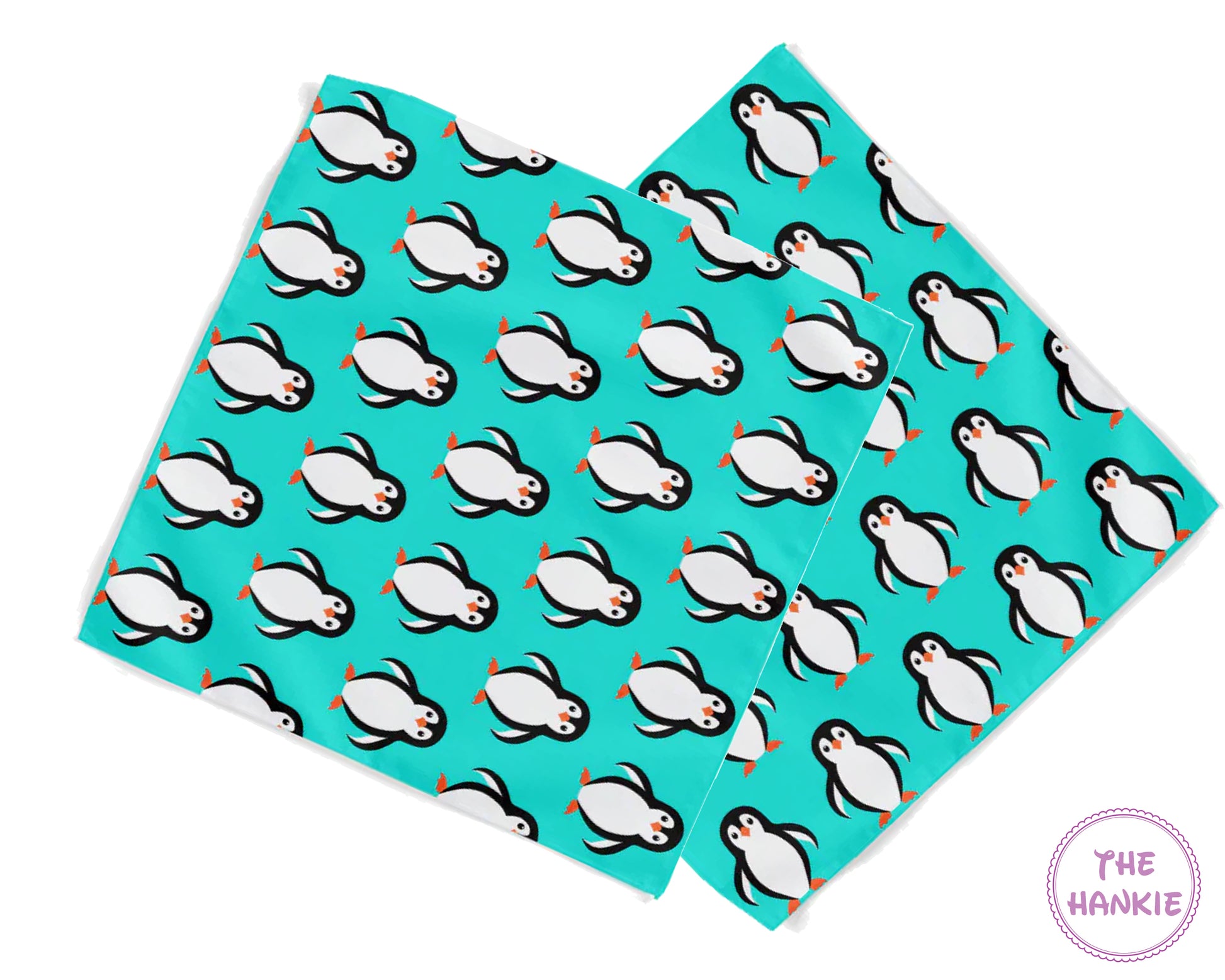 Two hankies with penguin pattern on a turquoise background, branded 'The Hankie'.