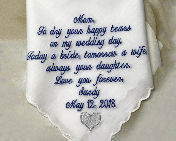 Embroidered Handkerchief for mom from bride Wedding Day Hankies USA 