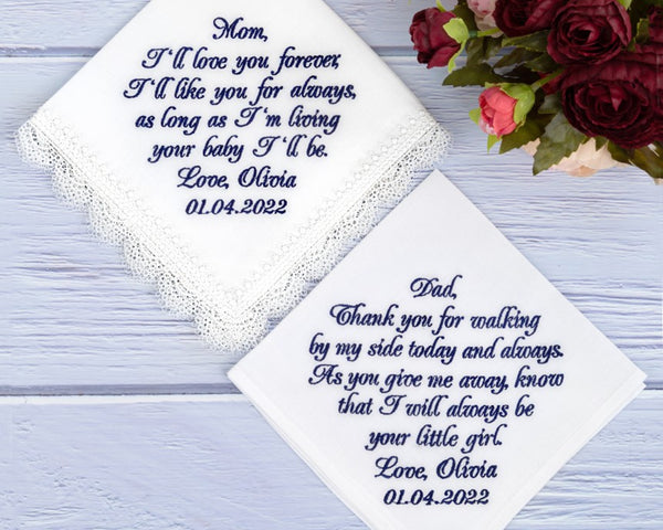 Custom Embroidered Wedding Handkerchief, Personalized Ladies Hankies, Parents of the Bride 