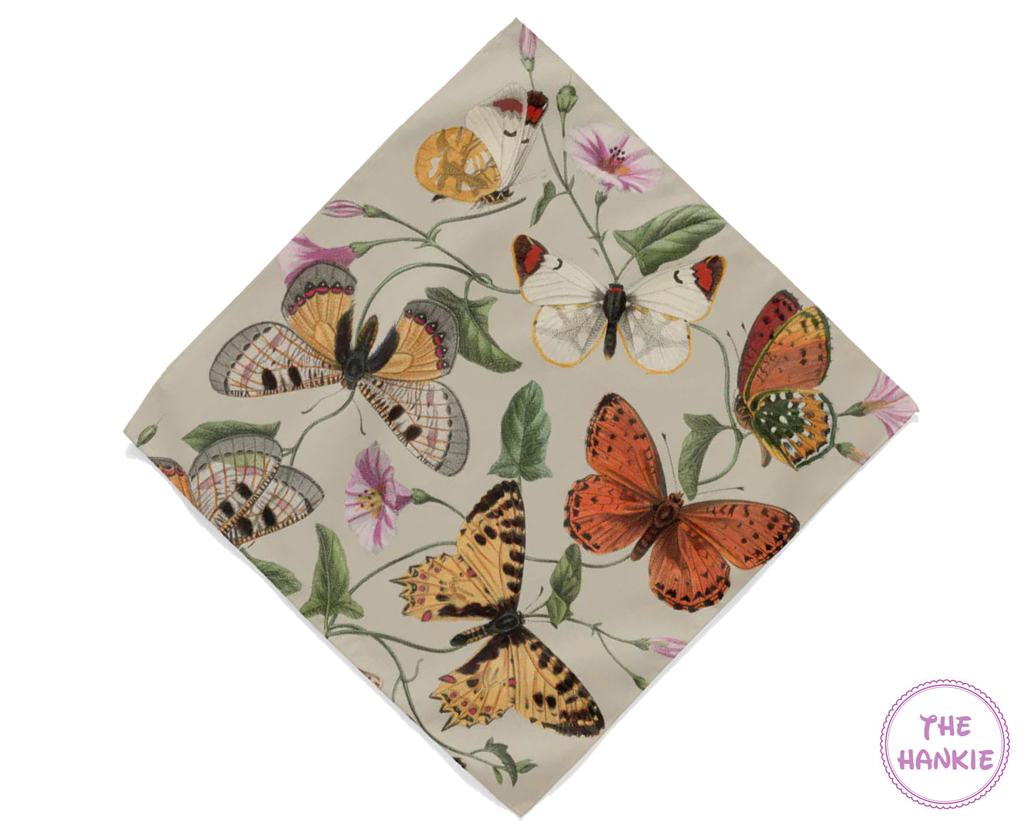 Butterfly patterned hankie with 'The Hankie' logo in the corner