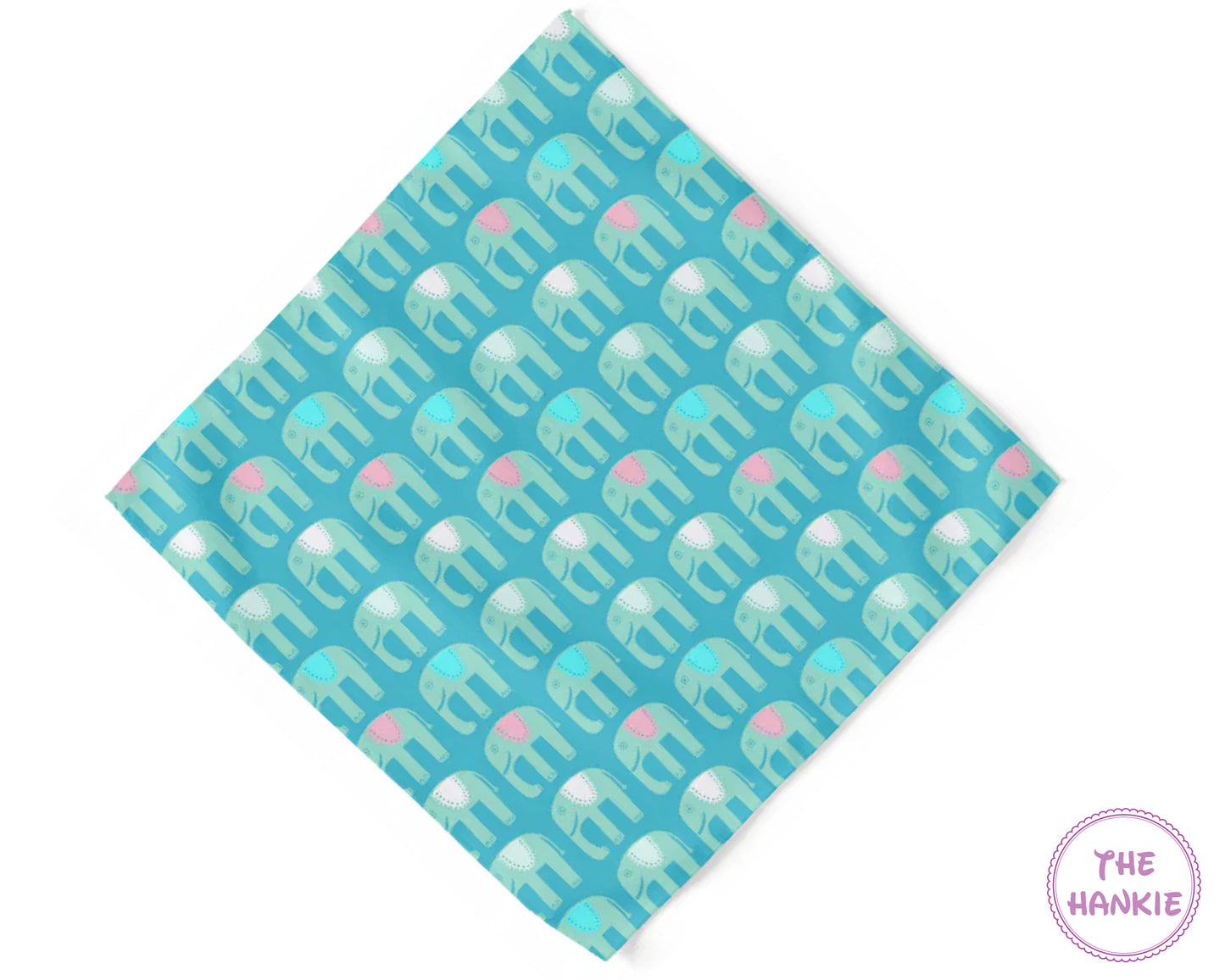 Teal hankie with elephant pattern and 'The Hankie' branding