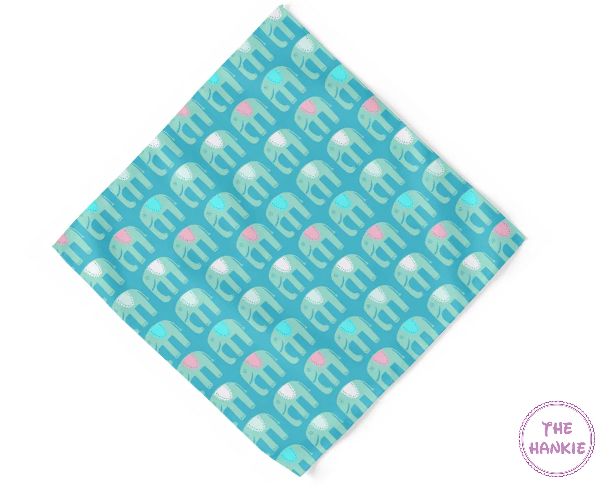 Teal hankie with elephant pattern and 'The Hankie' branding