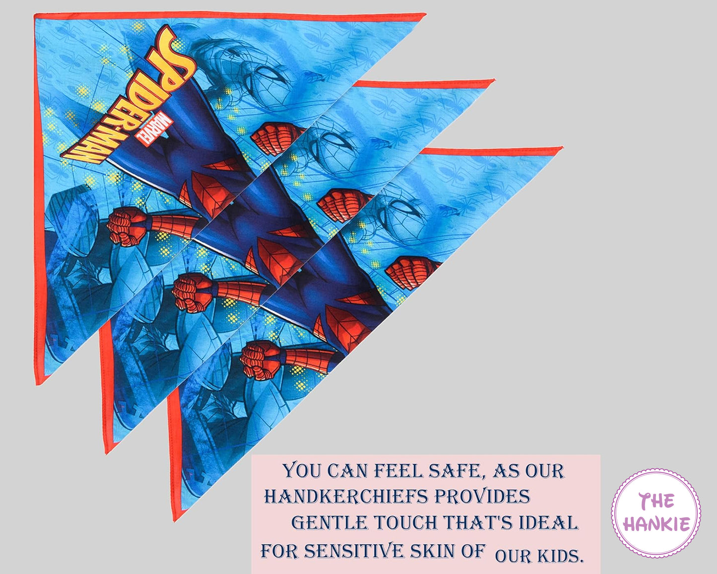 Spider-Man themed handkerchief with promotional text on a light gray background