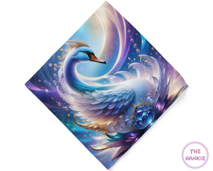 Fascinating swan design on a colorful fabric with 'The Hankie' branding.