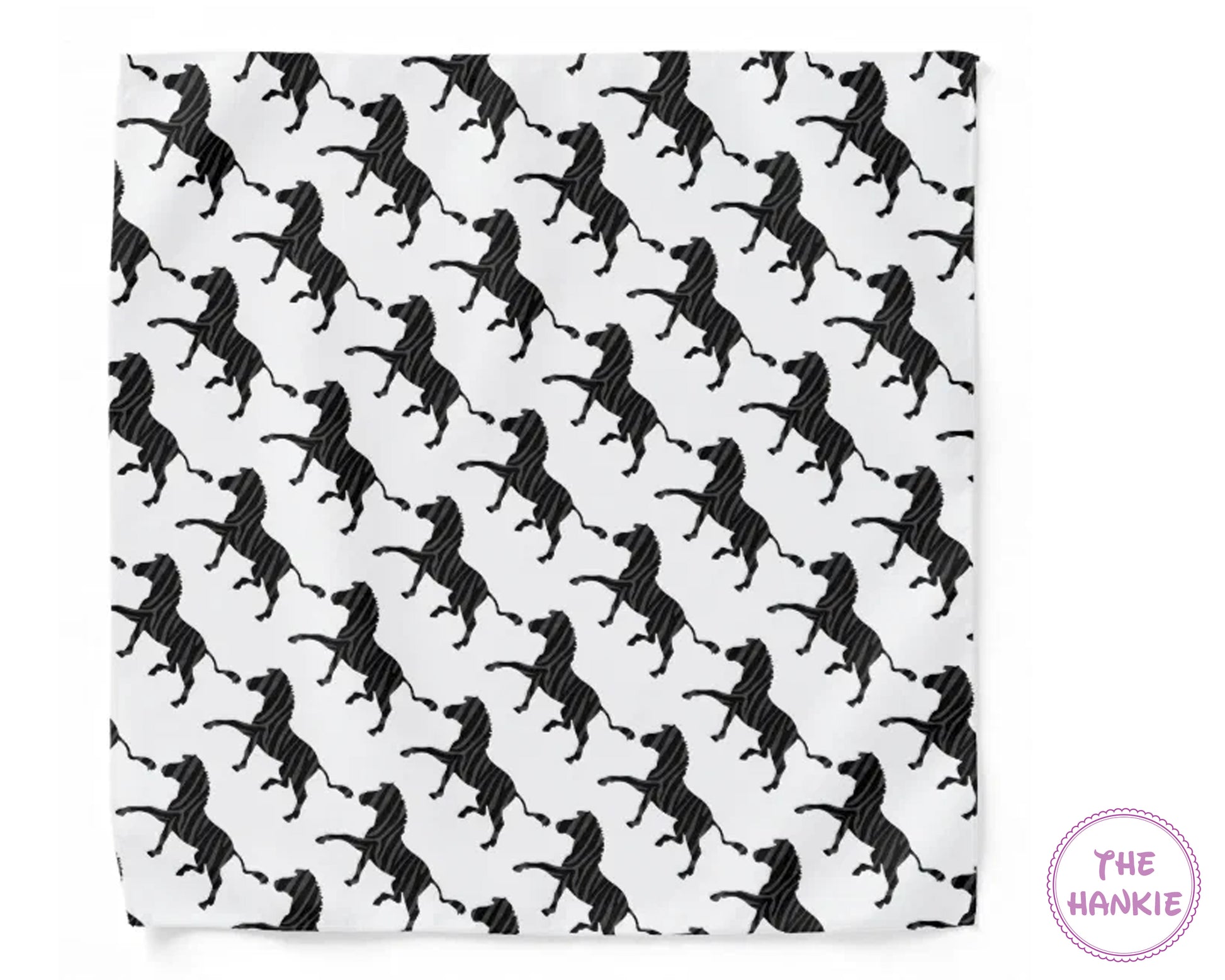 White hankie with black dog pattern and 'The Hankie' branding.