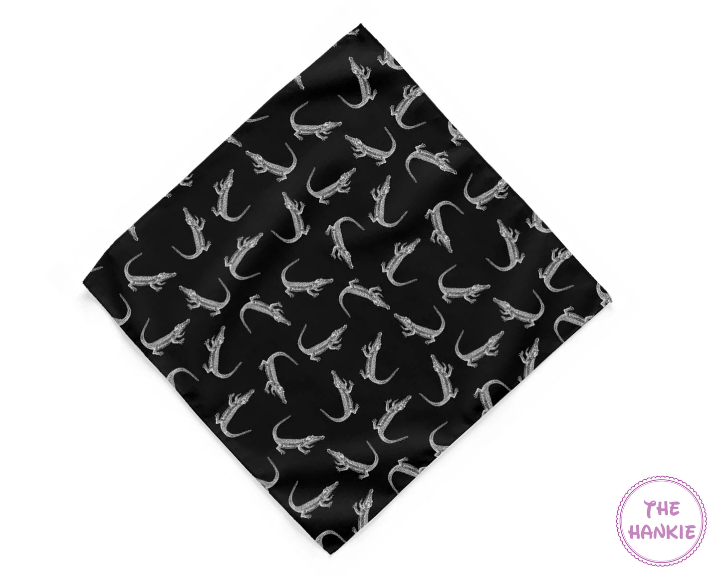 Black hankie with white alligator pattern and 'The Hankie' logo.