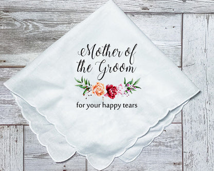 Custom Wedding Flower Handkerchief 'For Happy Tears' - Personalized Bridal Hankie - Choose Thread Color 