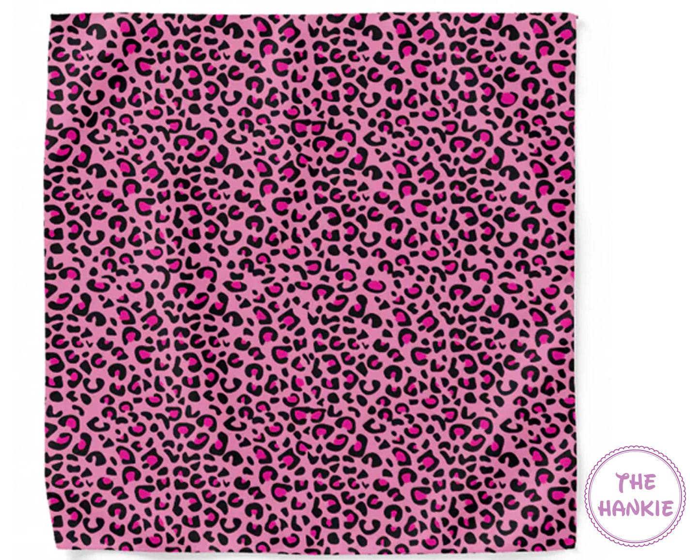Pink hankie with black leopard print pattern on a white background
