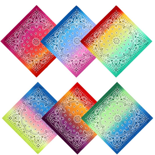 Gradient Bandanas Set of six colorful bandanas with gradient patterns on a white background