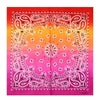 Gradient bandana with paisley pattern transitioning from red to orange to pink. Timeless Western Style Headscarf