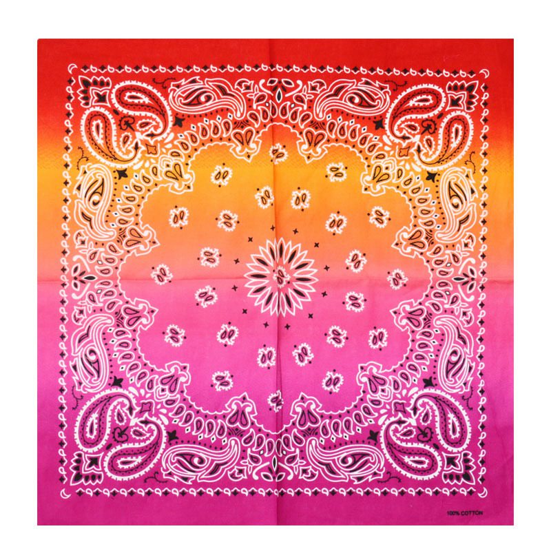 Gradient bandana with paisley pattern transitioning from red to orange to pink. Timeless Western Style Headscarf