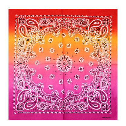 Gradient bandana with paisley pattern transitioning from red to orange to pink. Timeless Western Style Headscarf