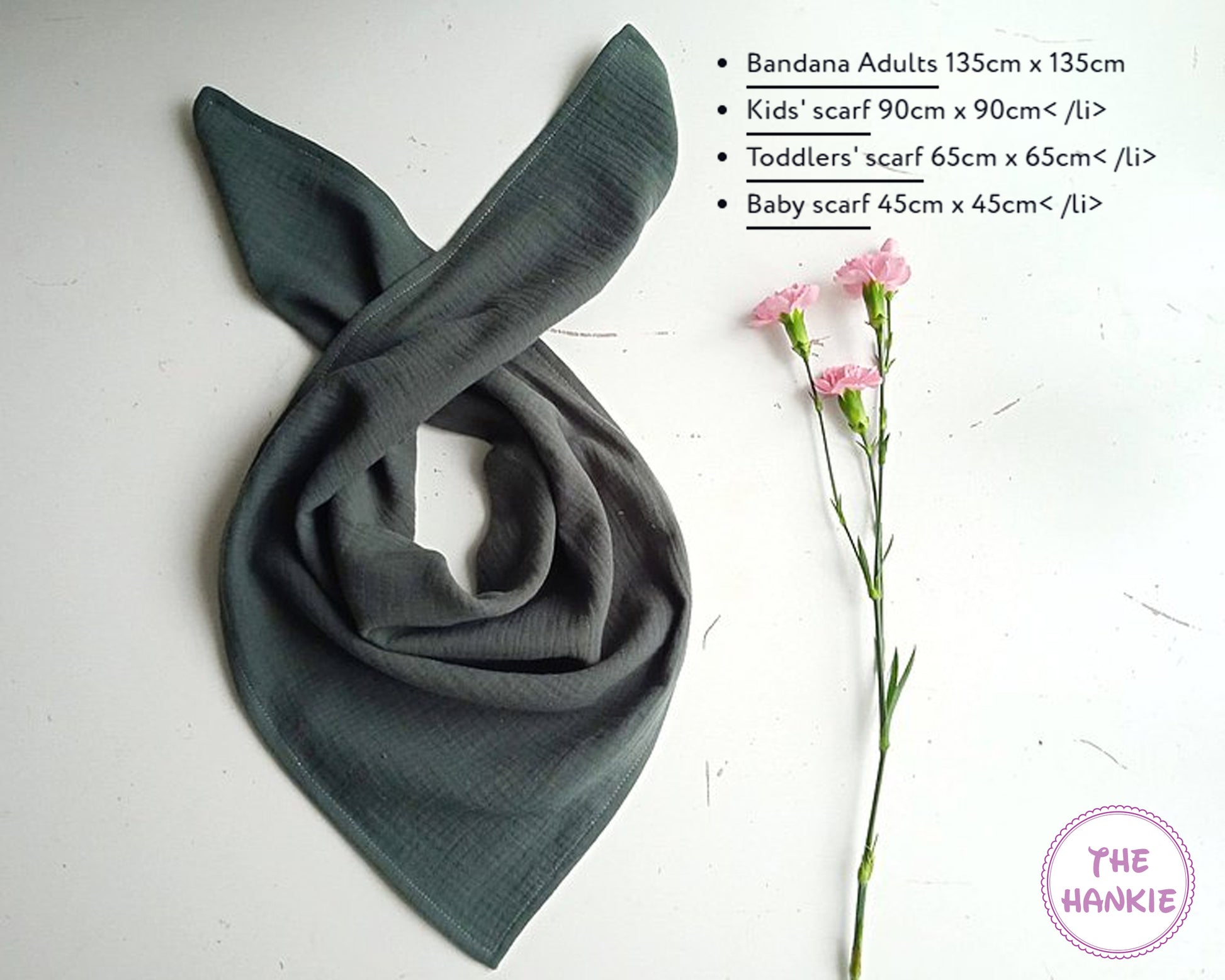 Gray bandana with a floral arrangement on a white background, featuring size information.