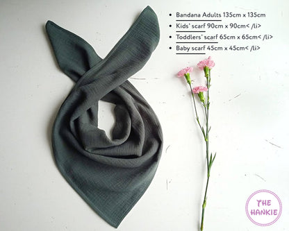 Gray bandana with a floral arrangement on a white background, featuring size information.